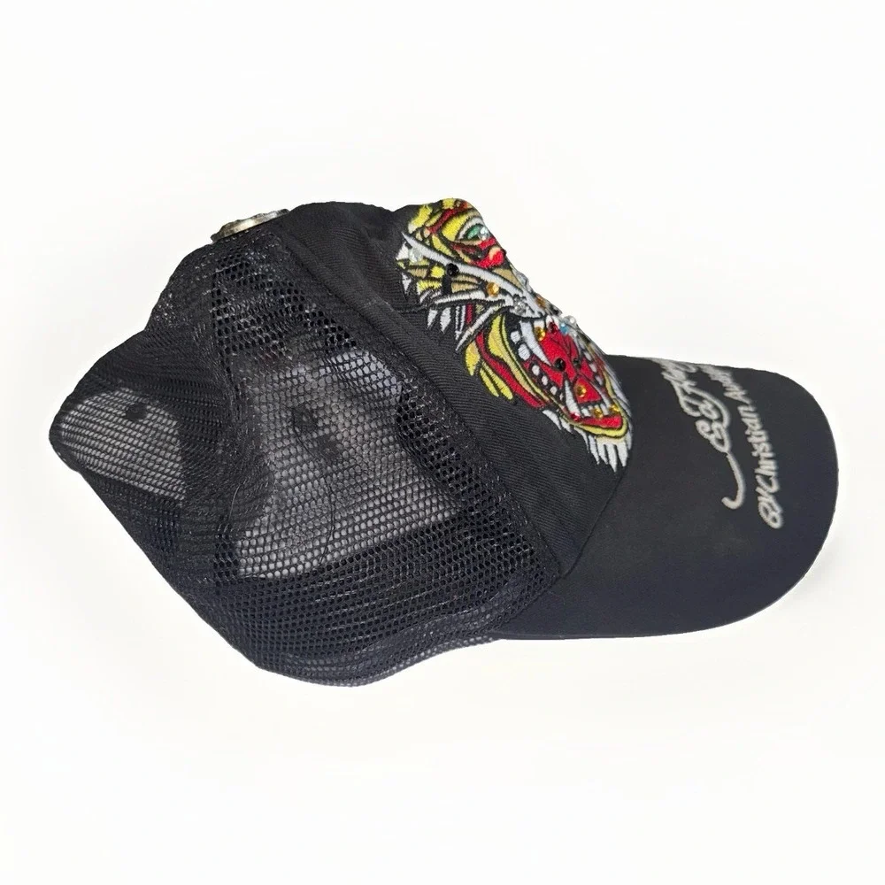 Ed Hardy Christian Audigier Tiger Rhinestone Trucker Hat Black Mesh Snapback Y2K